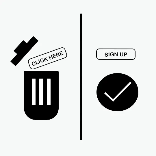 trash bin at the left hand with the click here button and at the rigth hand a image of a check with the sign up button.