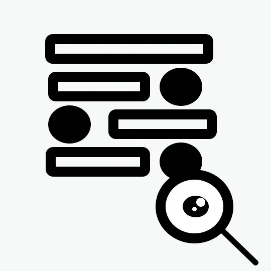 a magnifying glass with an eye inside looking at rectangles and circles.